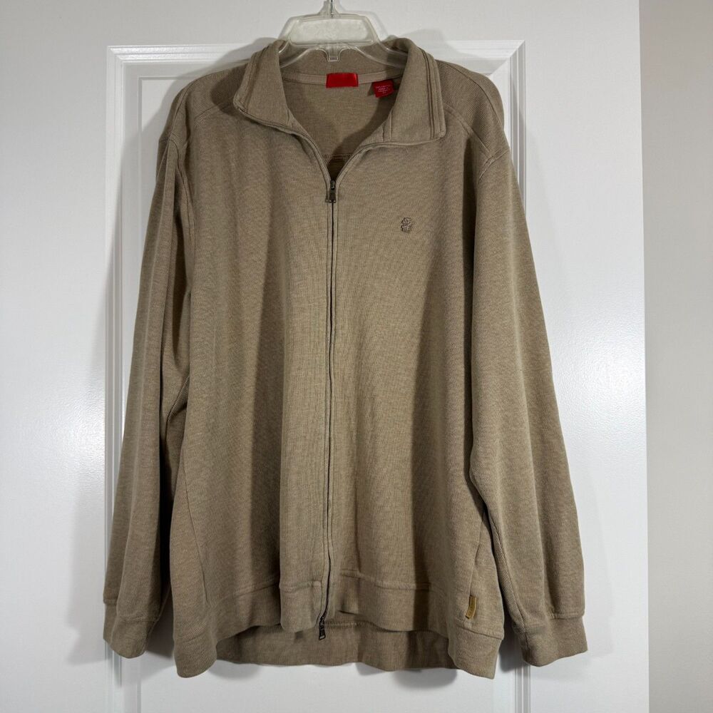 Izod Men's Tan Full Zip Ribbed Cotton Sweater Jacket Size XL